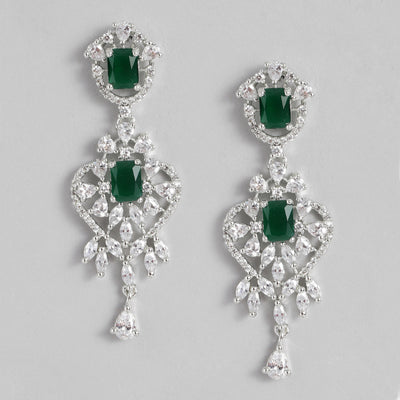 Estele Rhodium Plated CZ Magnificent Designer Drop Earrings with Green Stones for Women