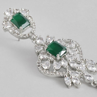 Estele Rhodium Plated CZ Magnificent Designer Drop Earrings with Green Stones for Women