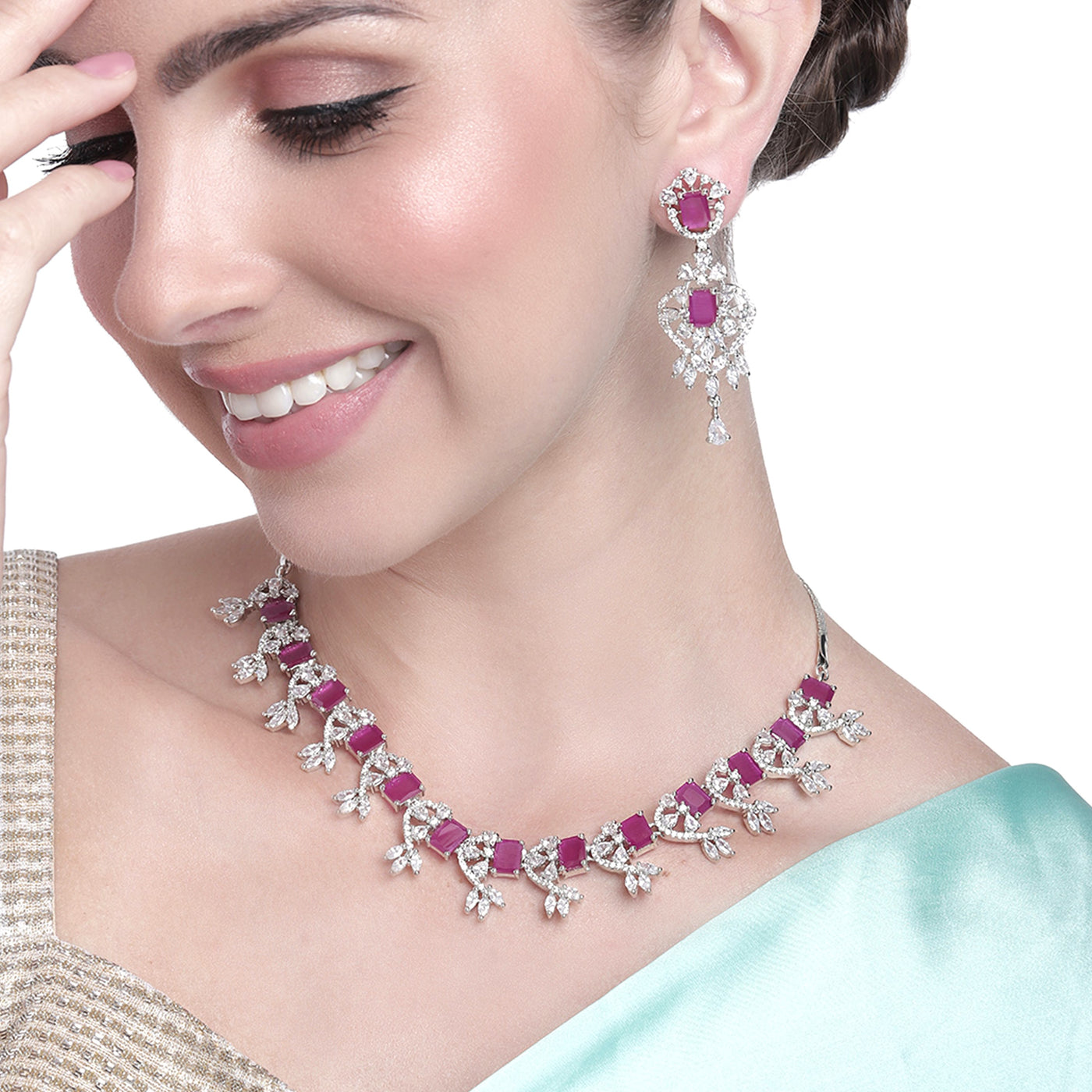 Estele Rhodium Plated CZ Magnificent Designer Necklace Set with Ruby Stones for Women