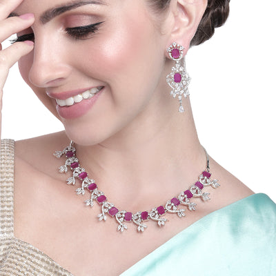 Estele Rhodium Plated CZ Magnificent Designer Necklace Set with Ruby Stones for Women