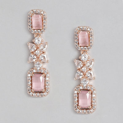 Estele Rose Gold Plated CZ Sparkling Earrings with Mint Pink Stone for Women