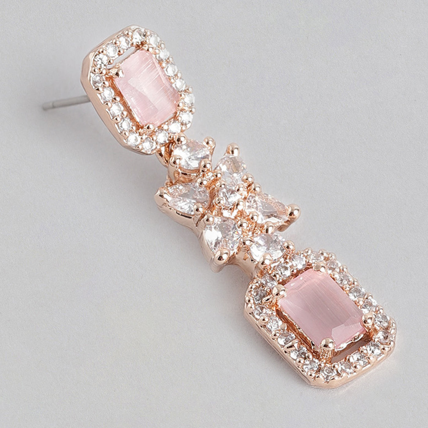 Estele Rose Gold Plated CZ Sparkling Earrings with Mint Pink Stone for Women