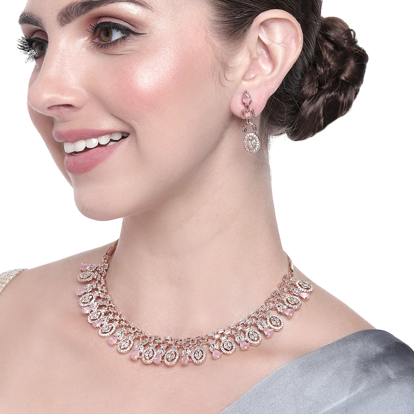 Estele Rose Gold Plated CZ Fascinating Necklace Set with Mint Pink Crystals for Women