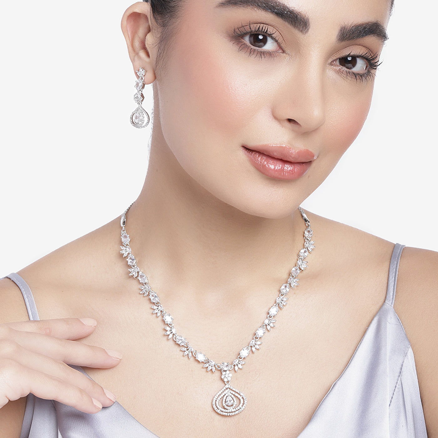 Estele Rhodium Plated CZ Sparkling Drop Designer Necklace Set for Women