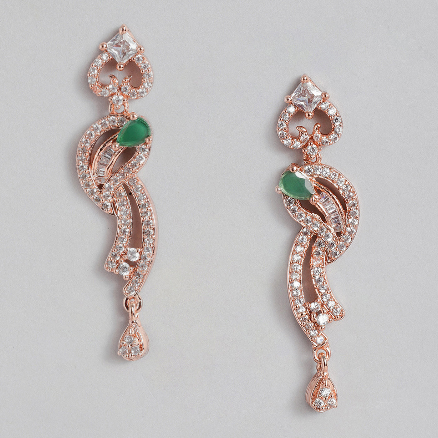 Estele Rose Gold Plated CZ Glittering Drop Earrings with Green Stones for Women