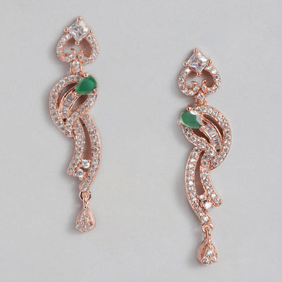 Estele Rose Gold Plated CZ Glittering Drop Earrings with Green Stones for Women