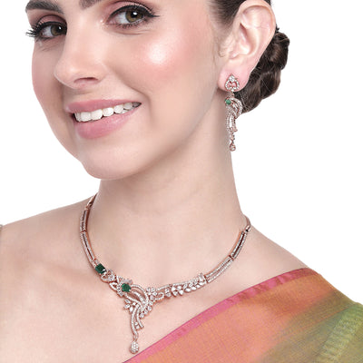 Estele Rose Gold Plated CZ Ravishing necklace Set with Green Stones for Women