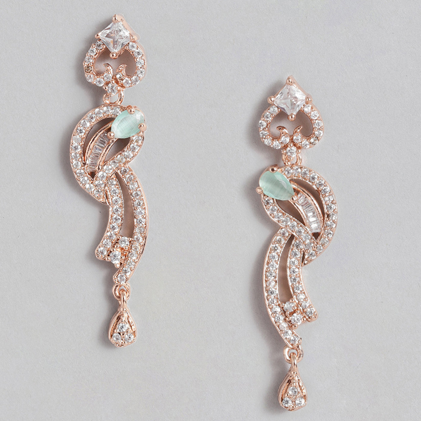 Estele Rose Gold Plated CZ Glittering Drop Earrings with Mint Green Stones for Women