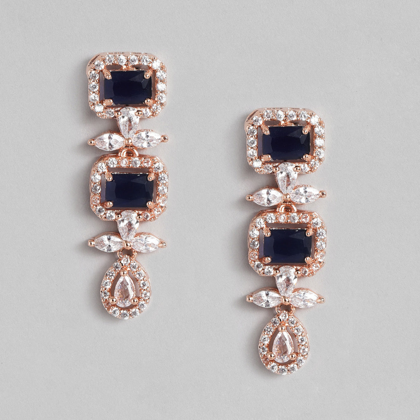 Estele Rose Gold Plated CZ Magnificent Earrings with Blue Stones for Women