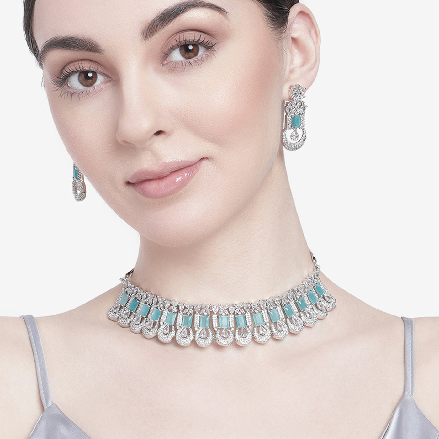 Estele Rhodium Plated CZ Gorgeous Designer Necklace Set with Mint Blue Stones for Women