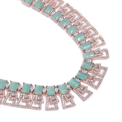 Estele Rose Gold Plated CZ Ravishing Necklace Set with Mint Green Stones for Women