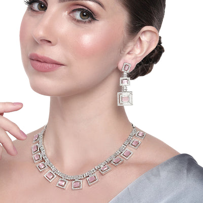 Estele Rhodium Plated CZ Geometric Designer Necklace Set with Mint Pink Crystals for Women