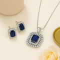 Estele Rhodium Plated CZ Sparkling Square Designer Pendant Set with Blue Crystals for Women