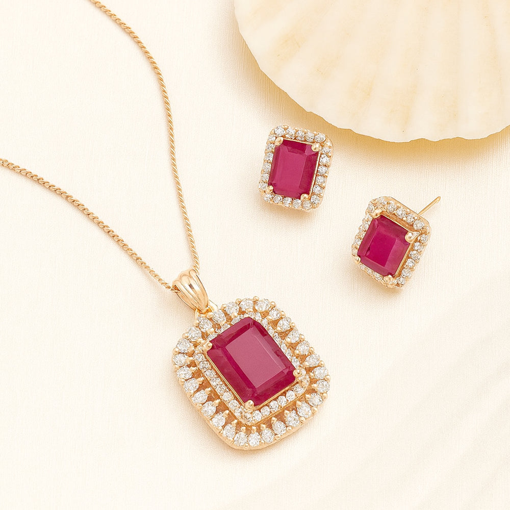 Estele Rose gold Plated Stylish Square Pattern Pendant Set with Ruby American Diamonds for Girls Women
