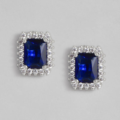 Estele Rhodium Plated CZ Square Designer Stud Earrings with Blue Stones for Women