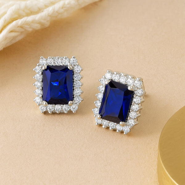Estele Rhodium Plated CZ Square Designer Stud Earrings with Blue Stones for Women