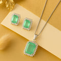 Estele Rhodium Plated CZ Square Designer Pendant Set with Mint Green Stones for Women