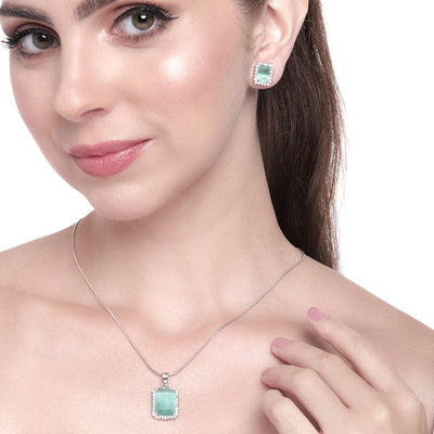 Estele Rhodium Plated CZ Square Designer Pendant Set with Mint Green Stones for Women