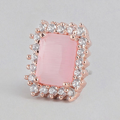 Estele Rose Gold Plated CZ Square Designer Stud Earrings with Mint Pink Stones for Women