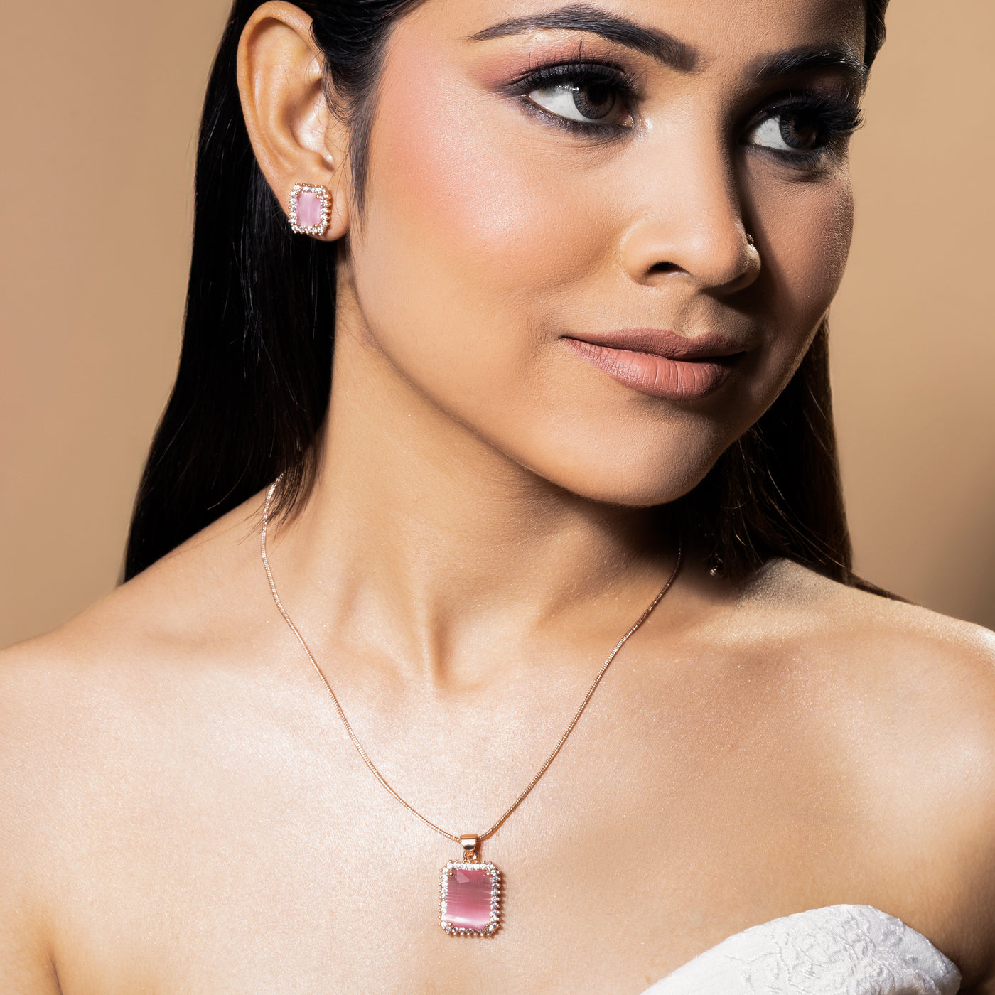 Estele Rose Gold Plated CZ Attractive Square Designer Pendant Set with Mint Pink Crystals for Women