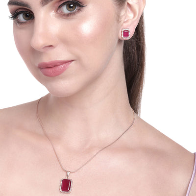 Estele Rose Gold Plated CZ Attractive Square Designer Pendant Set with Ruby Crystals for Women