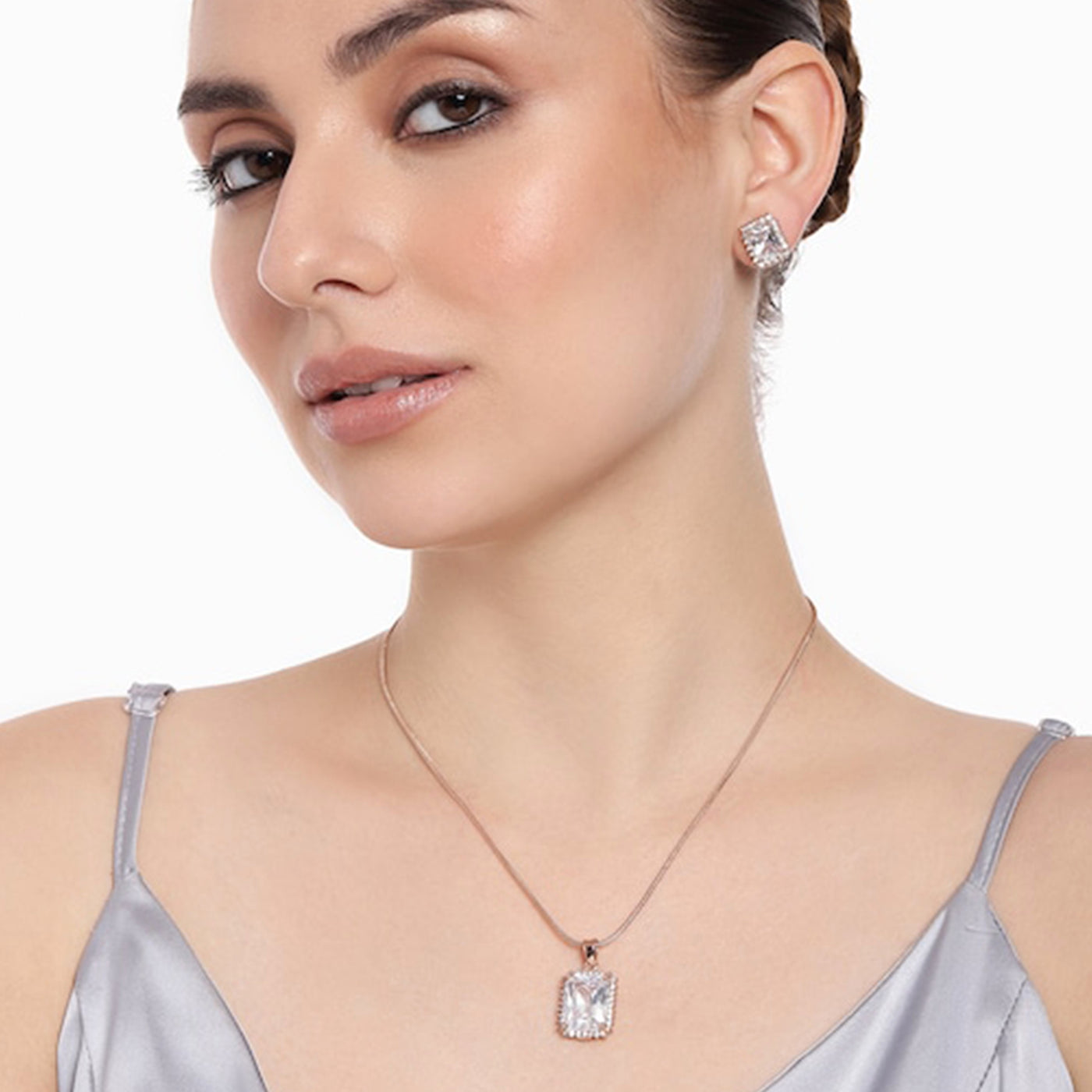 Estele Rose Gold Plated CZ Square Designer Pendant Set for Women