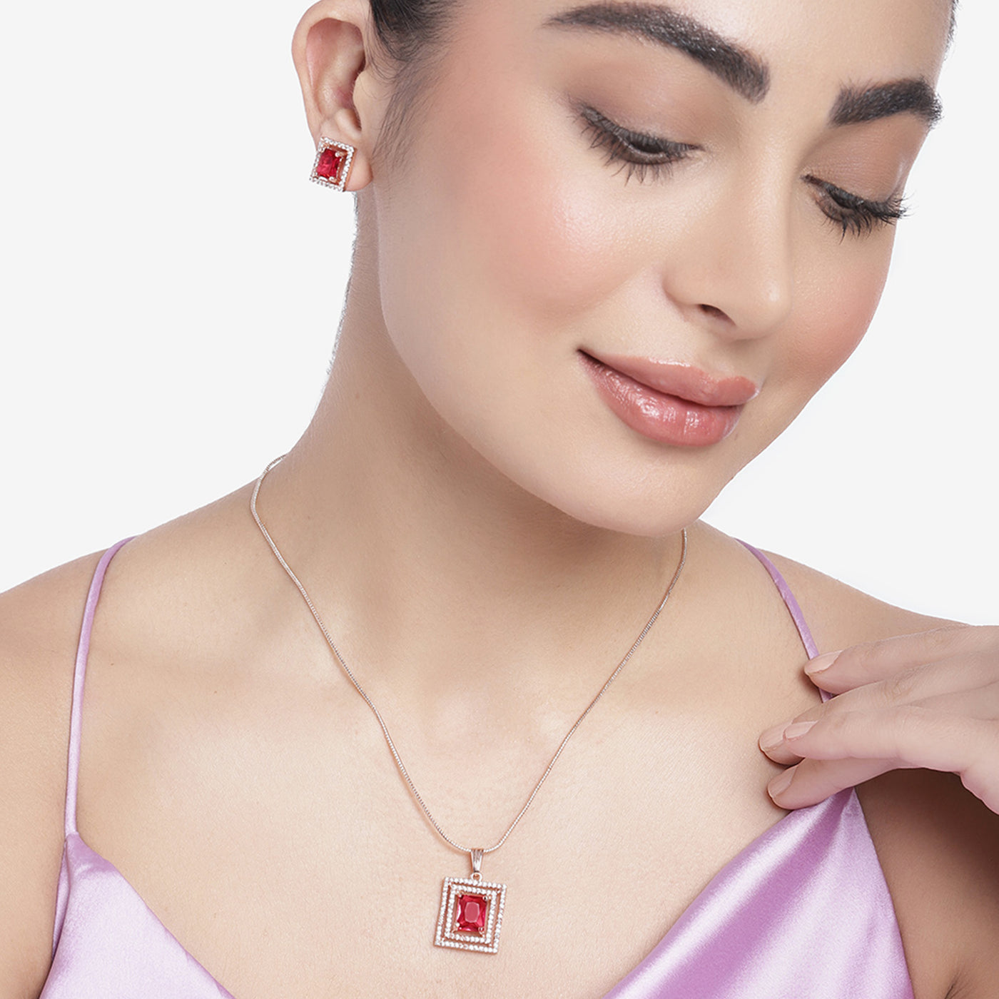 Estele Rose Gold Plated CZ Beautiful Square Designer Pendant Set with Tourmaline Pink Crystals for Women