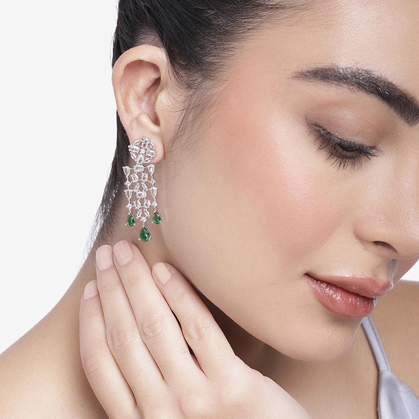 Estele Rhodium Plated CZ Shimmery Trickle Designer Earrings with Green Stones for Women