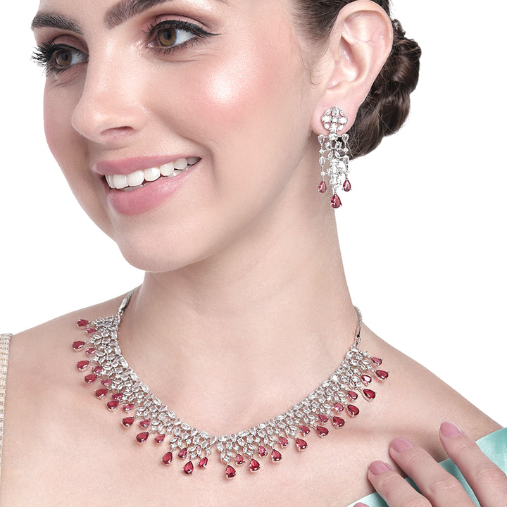 Estele Rhodium Plated CZ Beautiful Designer Necklace Set with Ruby Stones for Women