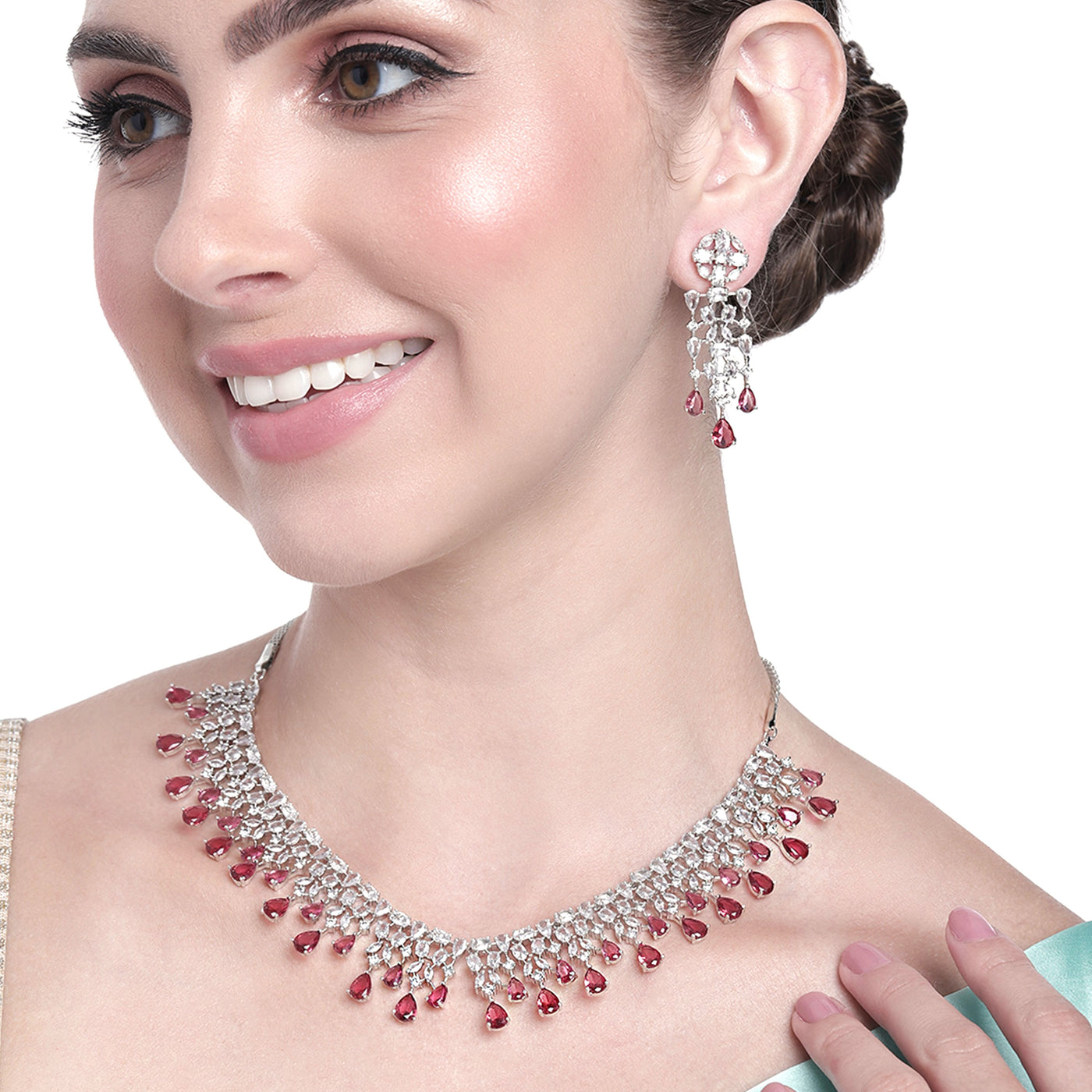 Estele Rhodium Plated CZ Beautiful Designer Necklace Set with Ruby Stones for Women