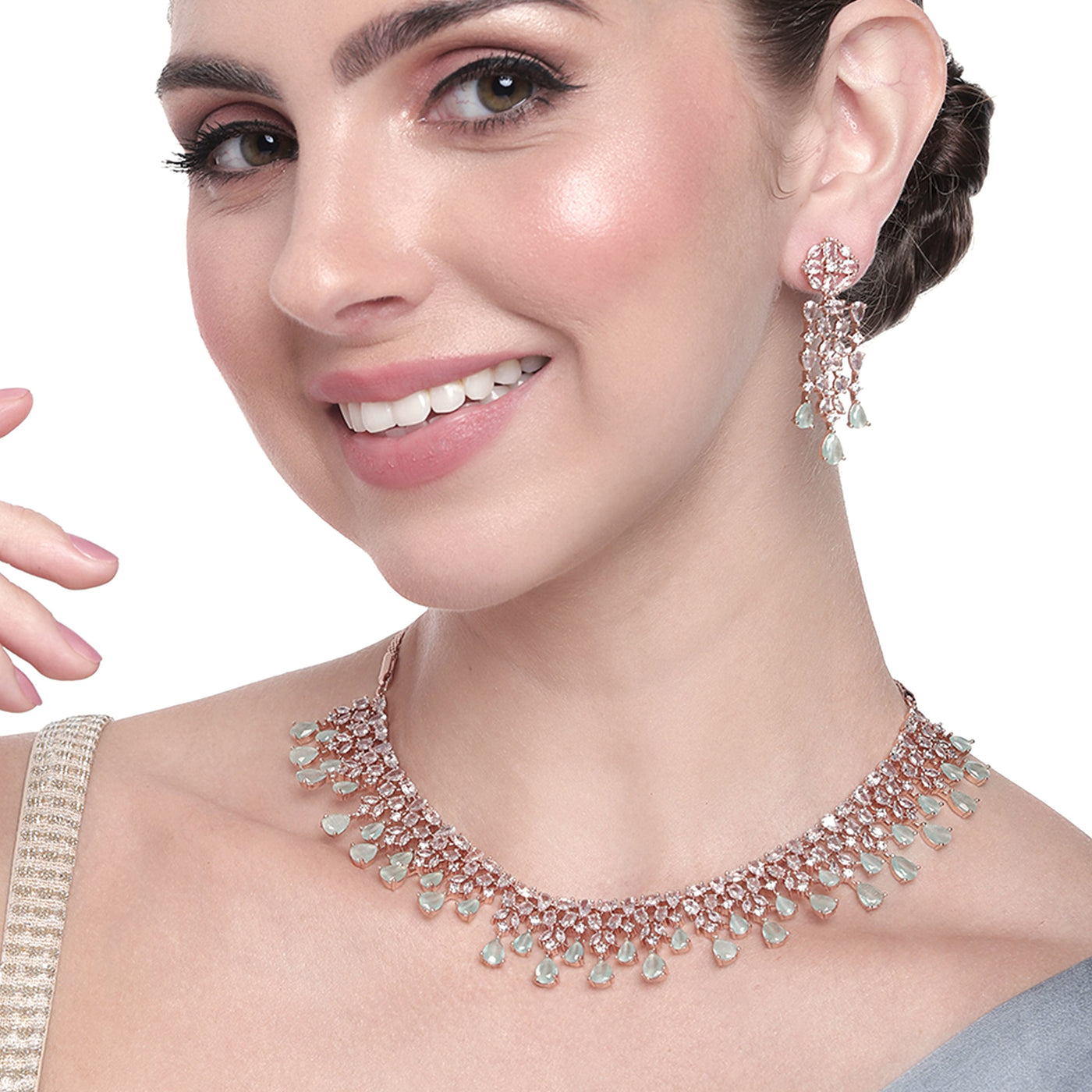 Estele Rose Gold Plated CZ Dazzling Designer Necklace Set with Mint Green Stones for Women