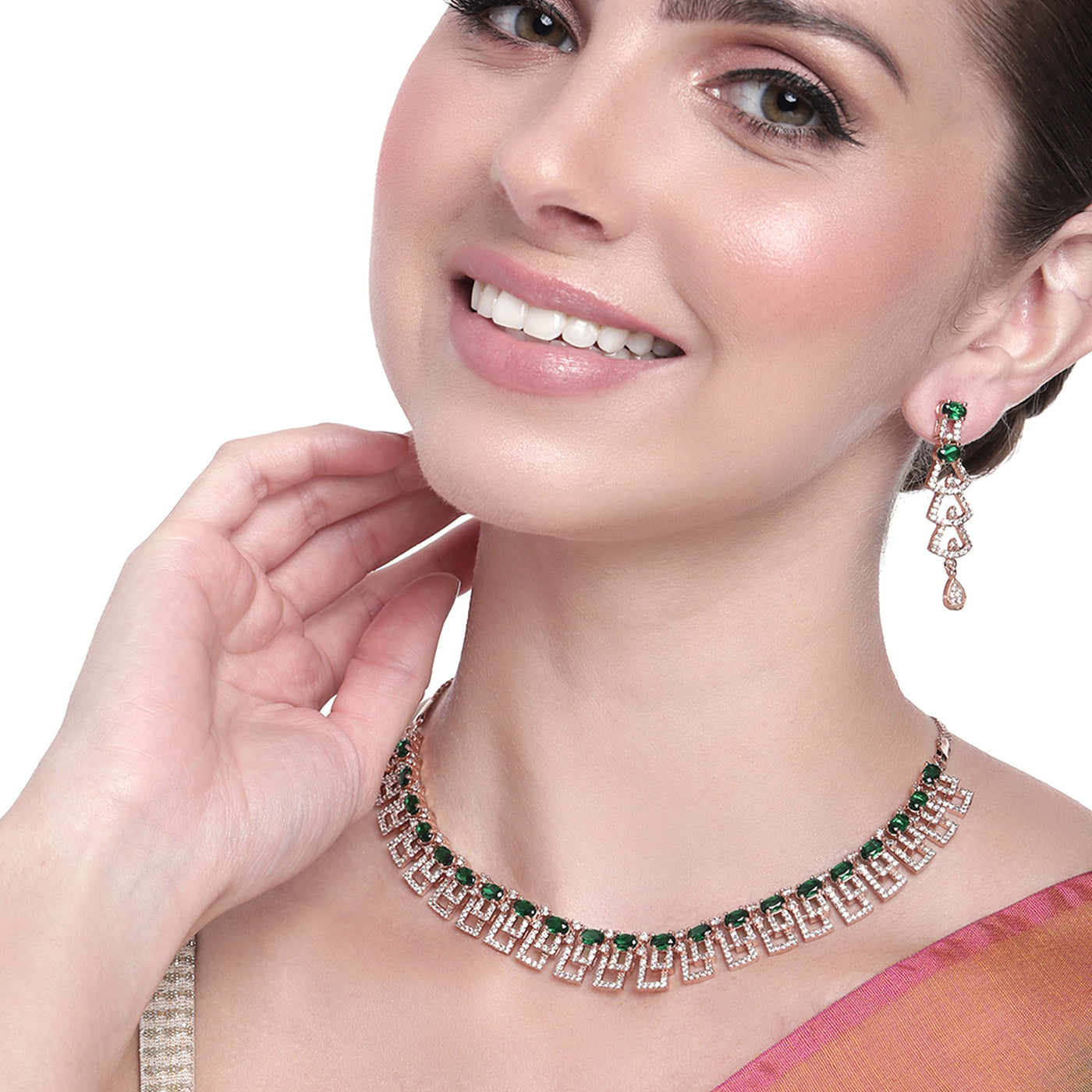 Estele Rose Gold Plated CZ Magnificent Designer Necklace Set with Green Stones for Women