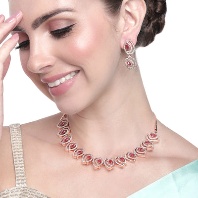 Estele Rose Gold Plated CZ Attractive Necklace Set with Tourmaline Pink for Women