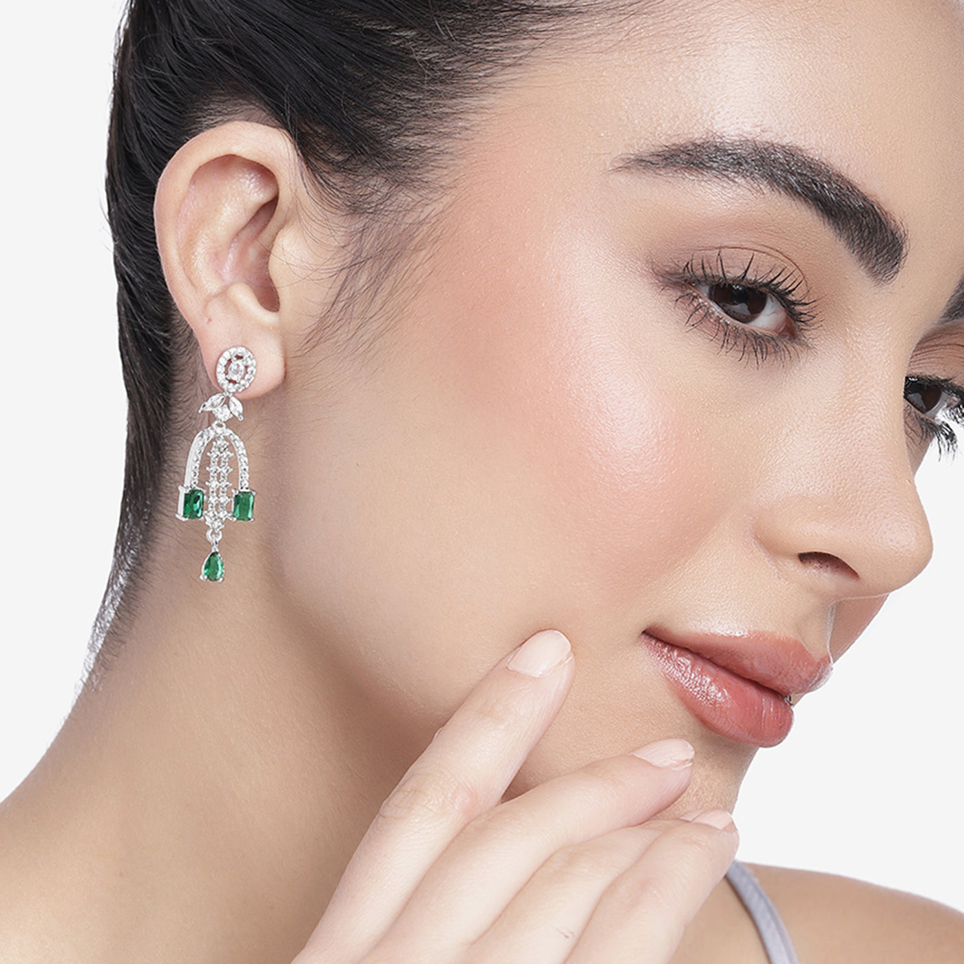 Estele Rhodium Plated CZ Falling Star Designer Earrings with Green Stones for Women