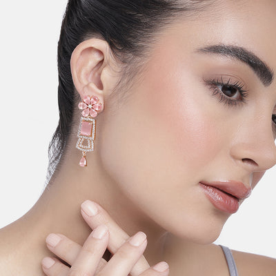 Estele Rose Gold Plated CZ Glimmering Earrings with Mint Pink Stones for Women