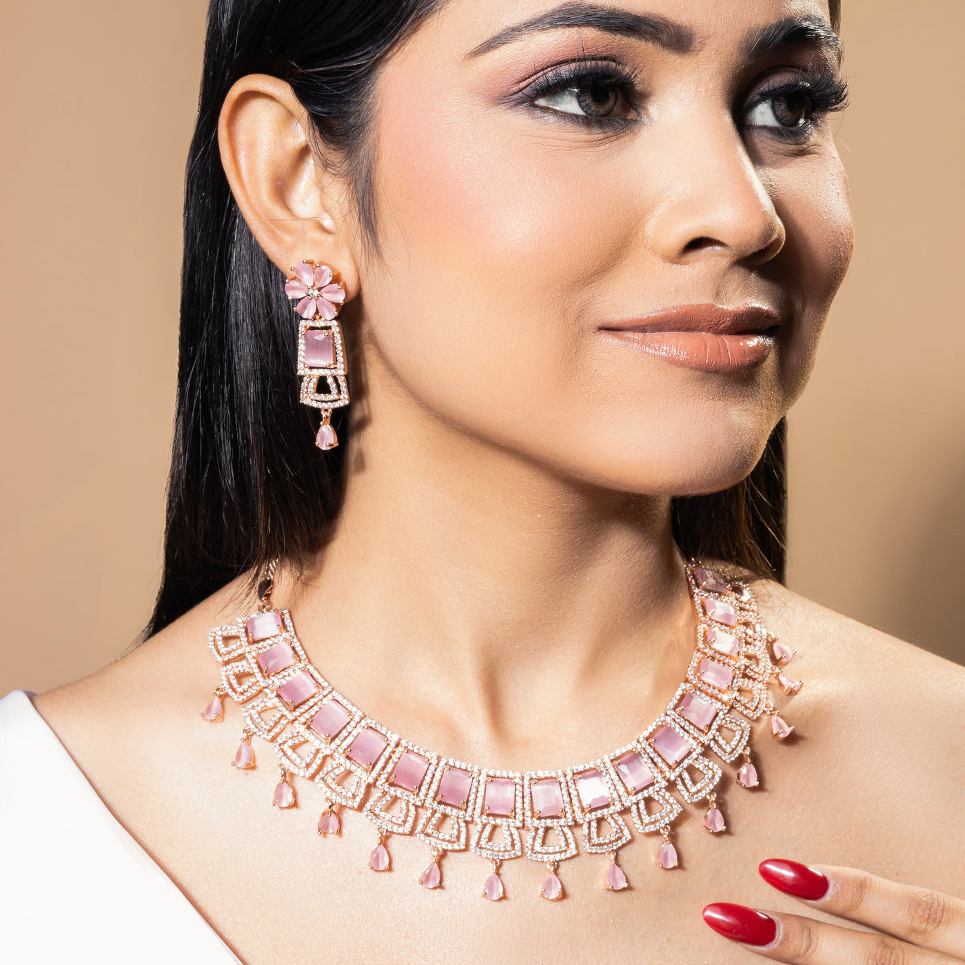 Estele Rose Gold Plated CZ Glimmering Dulhan Necklace Set with Mint Pink Stones for Women