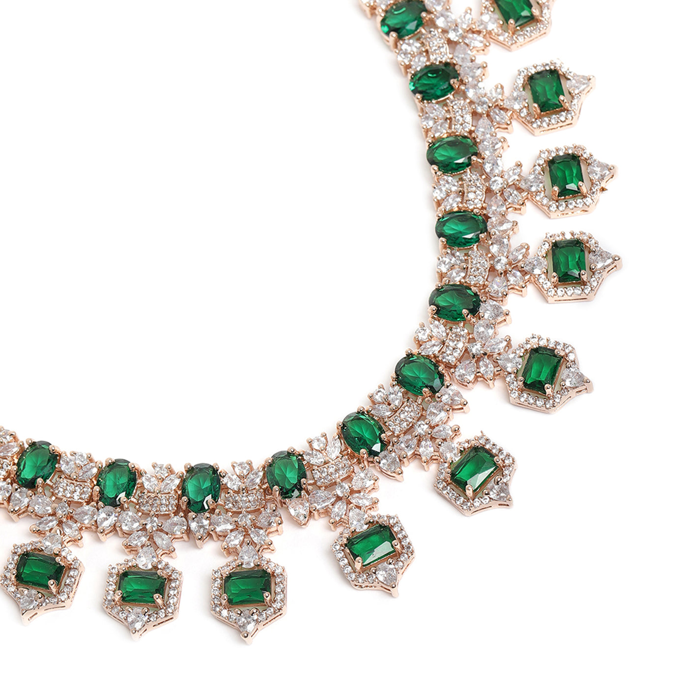 Estele Rose Gold Plated CZ Astonishing Necklace Set with Green Stones for Women