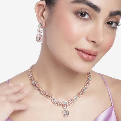 Estele Rose Gold Plated CZ Classic Designer Necklae Set with Mint Green Stones for Women