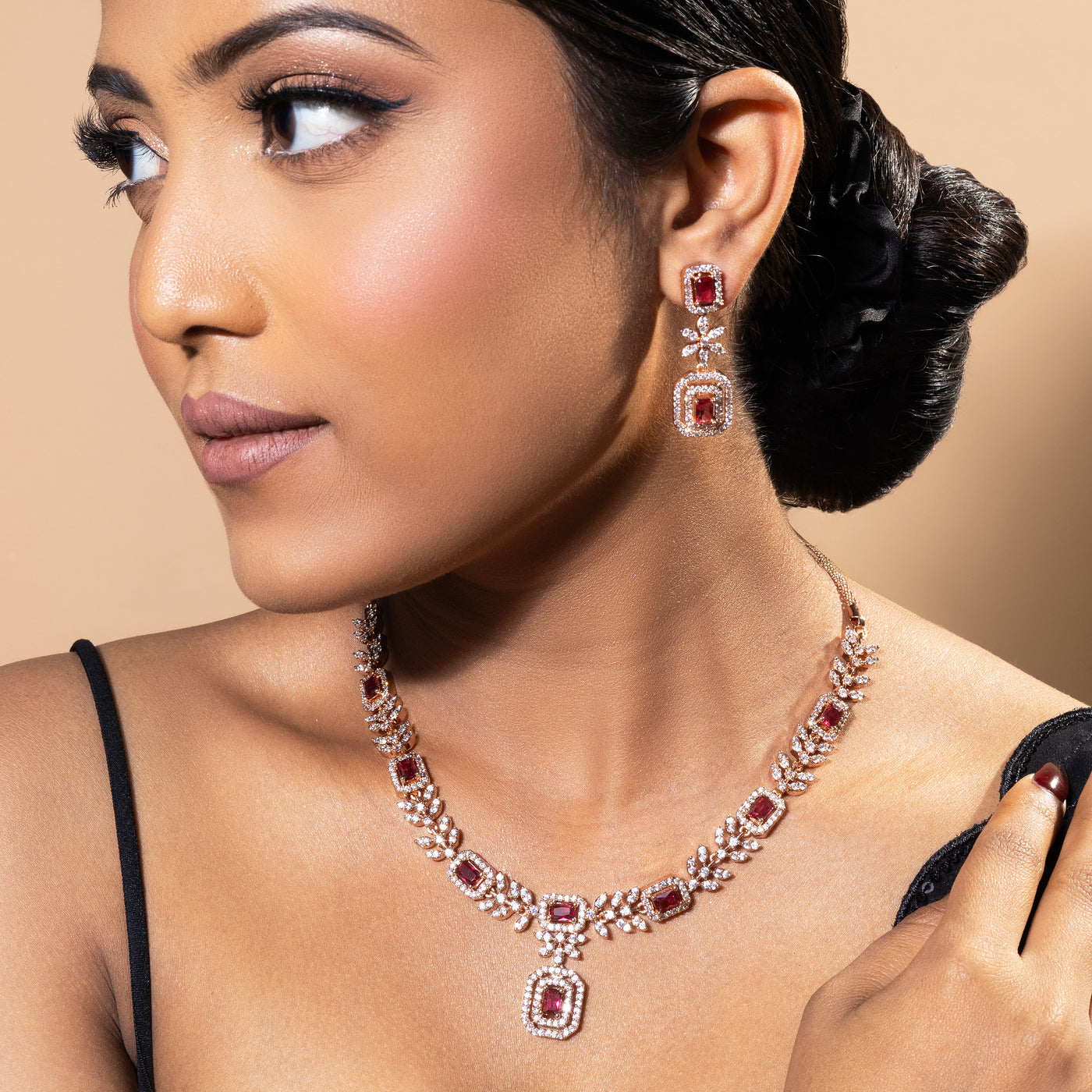 Estele Rose Gold Plated CZ Classic Designer Necklace Set with Tourmaline Pink Stones for Women