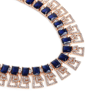 Estele Rose Gold Plated CZ Ravishing Necklace Set with Blue Stones for Women