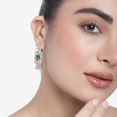 Estele Rose Gold Plated CZ Ravishing Earrings with Green Stones for Women