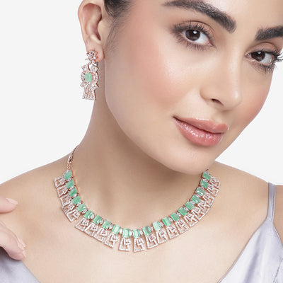 Estele Rose Gold Plated CZ Ravishing Necklace Set with Mint Green Stones for Women