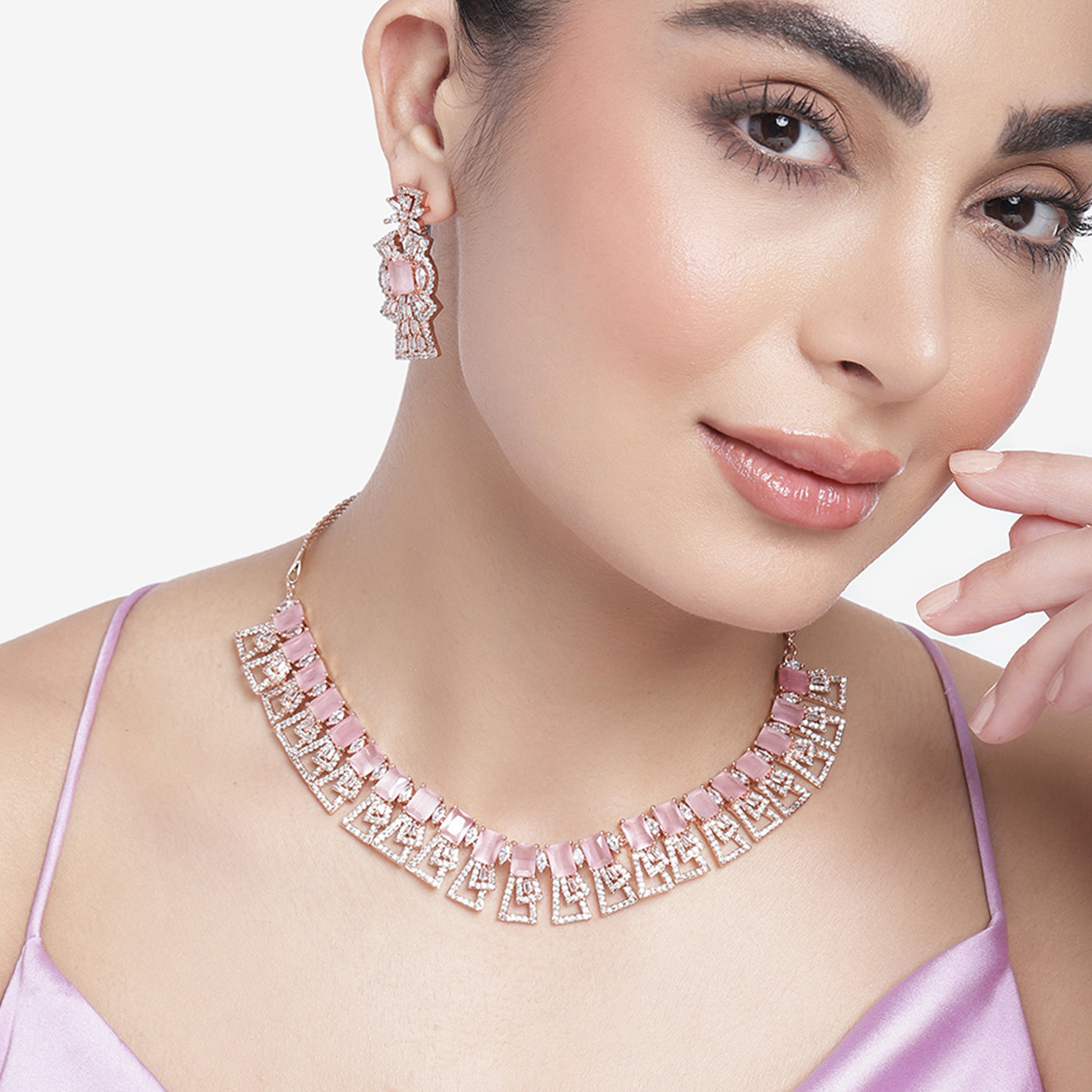 Estele Rose Gold Plated CZ Ravishing Necklace Set with Mint Pink Stones for Women