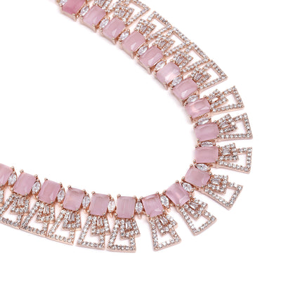 Estele Rose Gold Plated CZ Ravishing Necklace Set with Mint Pink Stones for Women