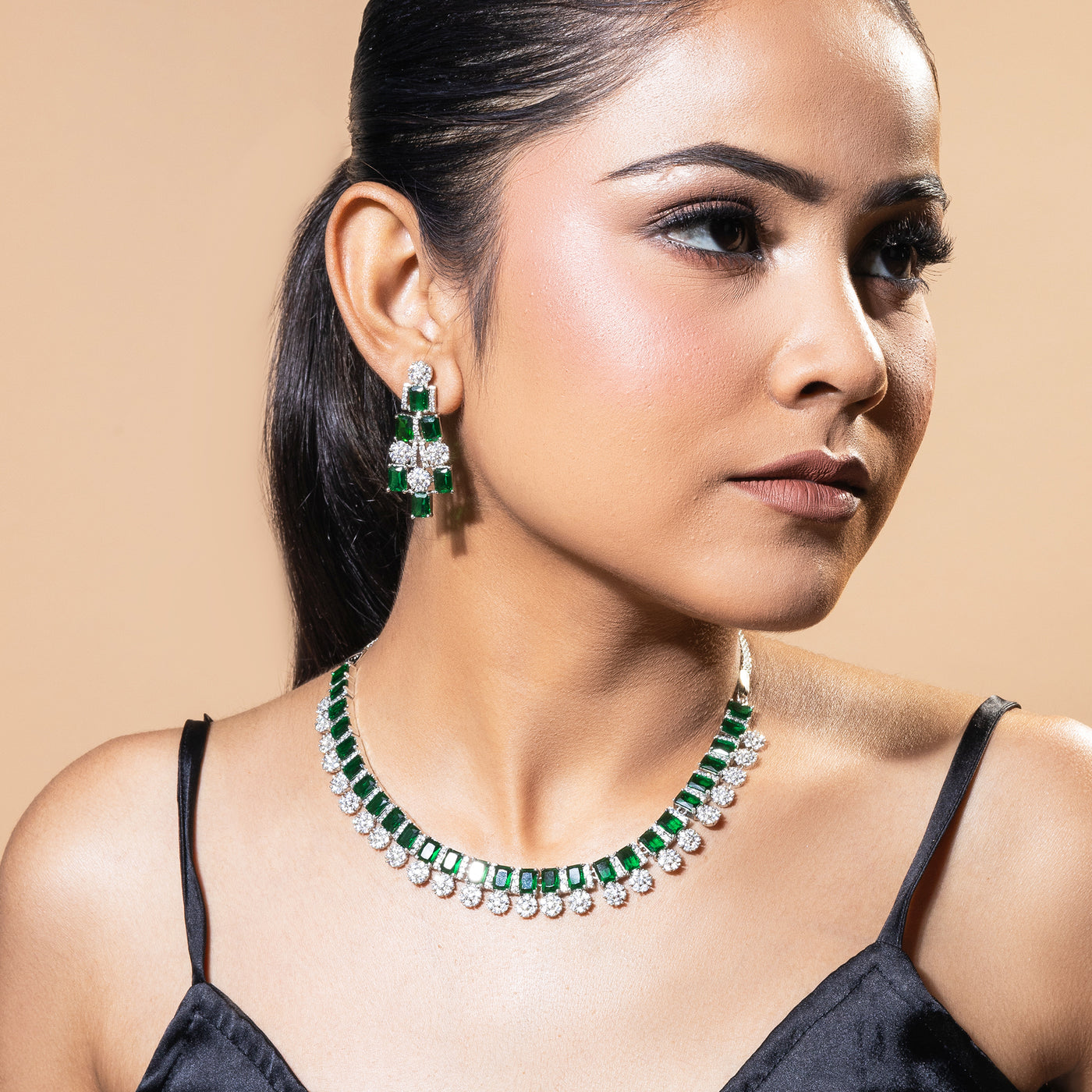 Estele Rhodium Plated CZ Shimmering Necklace Set with Green Stones for Women