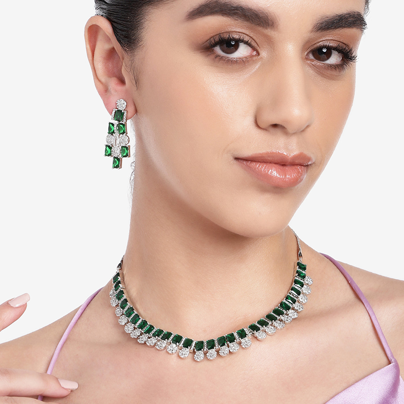 Estele Rhodium Plated CZ Shimmering Necklace Set with Green Stones for Women