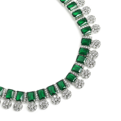 Estele Rhodium Plated CZ Shimmering Necklace Set with Green Stones for Women