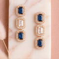 Estele Rose Gold Plated CZ Elegant Square Designer Drop Earrings with Blue Stones for Women