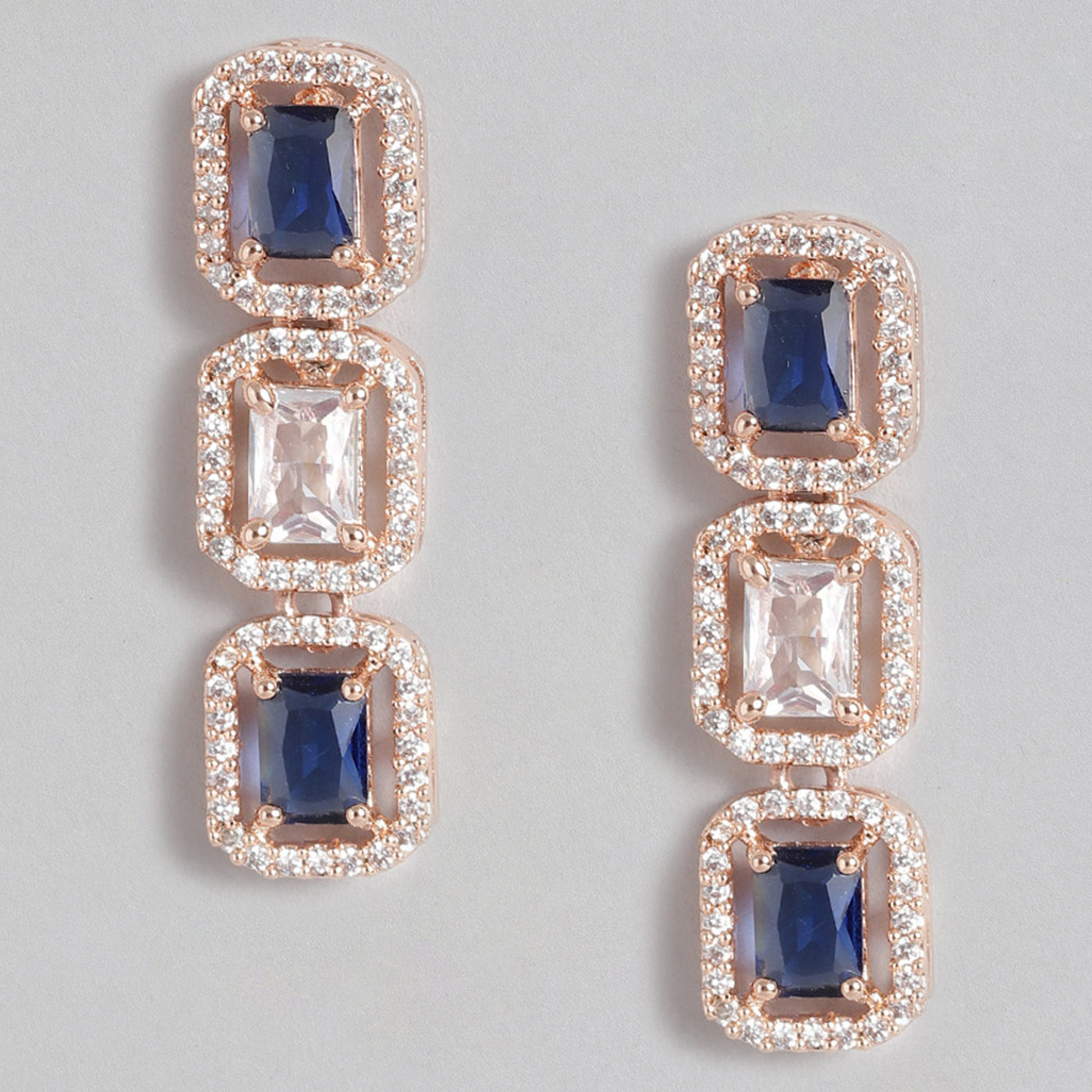 Estele Rose Gold Plated CZ Elegant Square Designer Drop Earrings with Blue Stones for Women