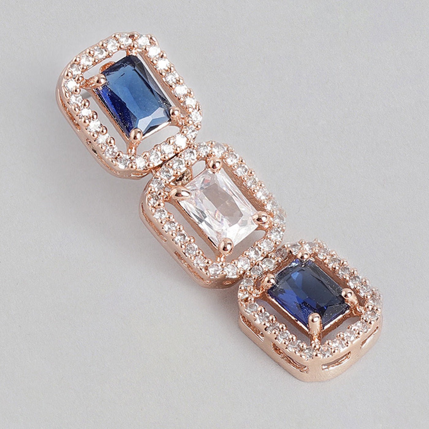 Estele Rose Gold Plated CZ Elegant Square Designer Drop Earrings with Blue Stones for Women